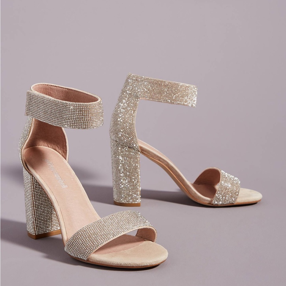 Jeffrey Campbell Lindsay Gold Champagne Crystal Heels Sandals 5.5